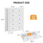 Commode haute à 5 tiroirs avec poignées rondes en nickel et kit anti-basculement – Bois blanc