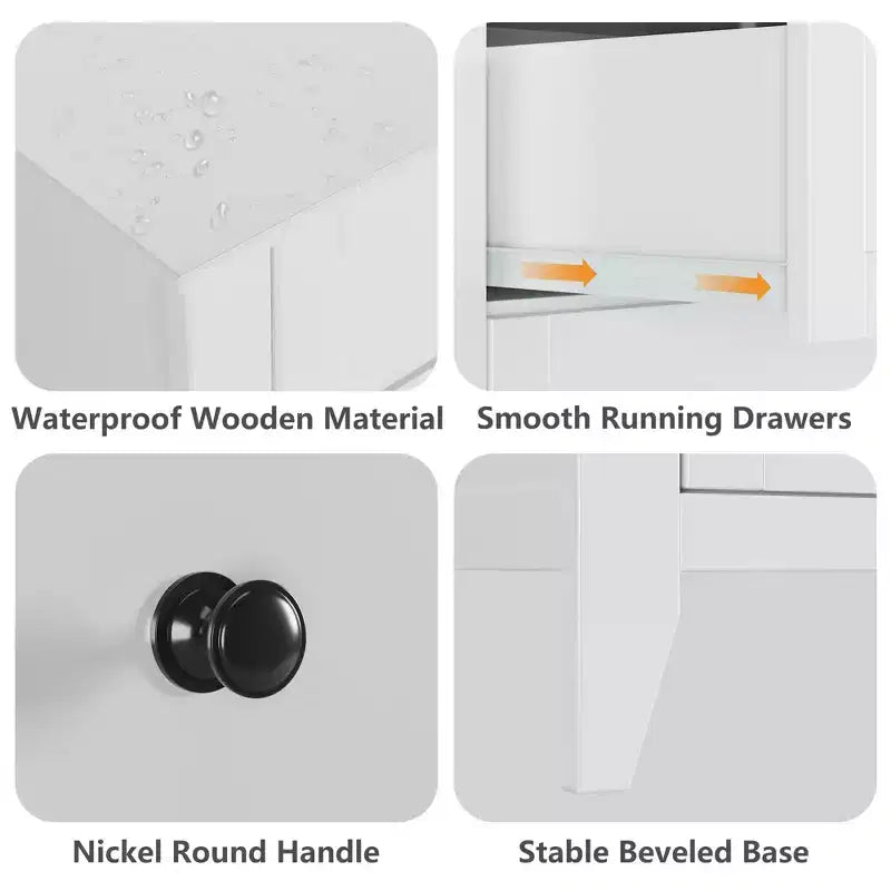 Commode haute à 5 tiroirs avec poignées rondes en nickel et kit anti-basculement – Bois blanc