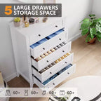 Commode haute à 5 tiroirs avec poignées rondes en nickel et kit anti-basculement – Bois blanc