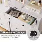 Commode haute à 5 tiroirs avec poignées rondes en nickel et kit anti-basculement – Bois blanc