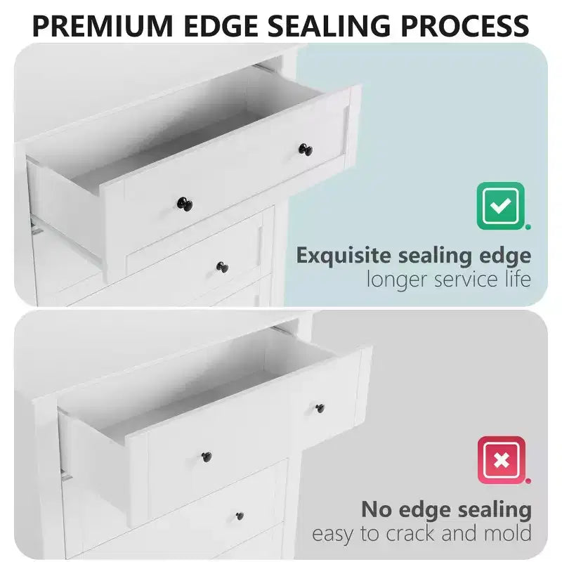 Commode haute à 5 tiroirs avec poignées rondes en nickel et kit anti-basculement – Bois blanc