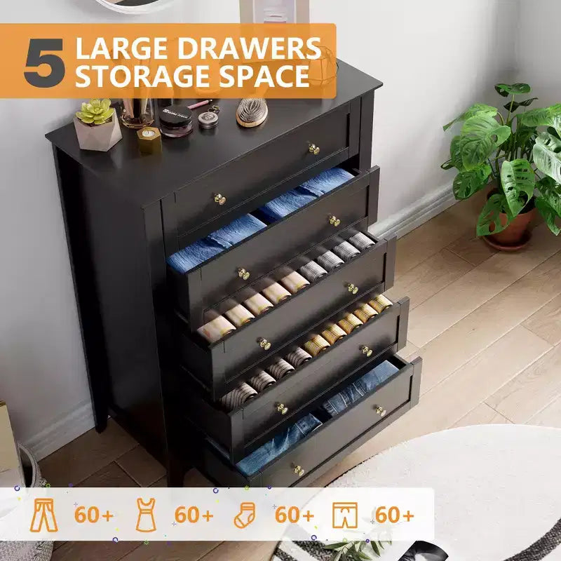Commode haute à 5 tiroirs avec poignées rondes en nickel et kit anti-basculement – Bois blanc