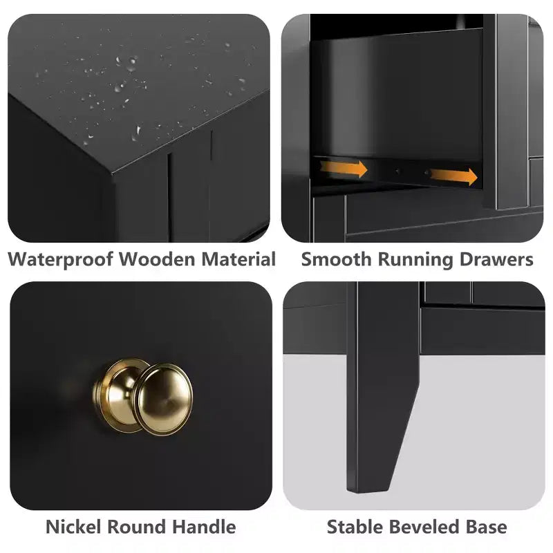 Commode haute à 5 tiroirs avec poignées rondes en nickel et kit anti-basculement – Bois blanc