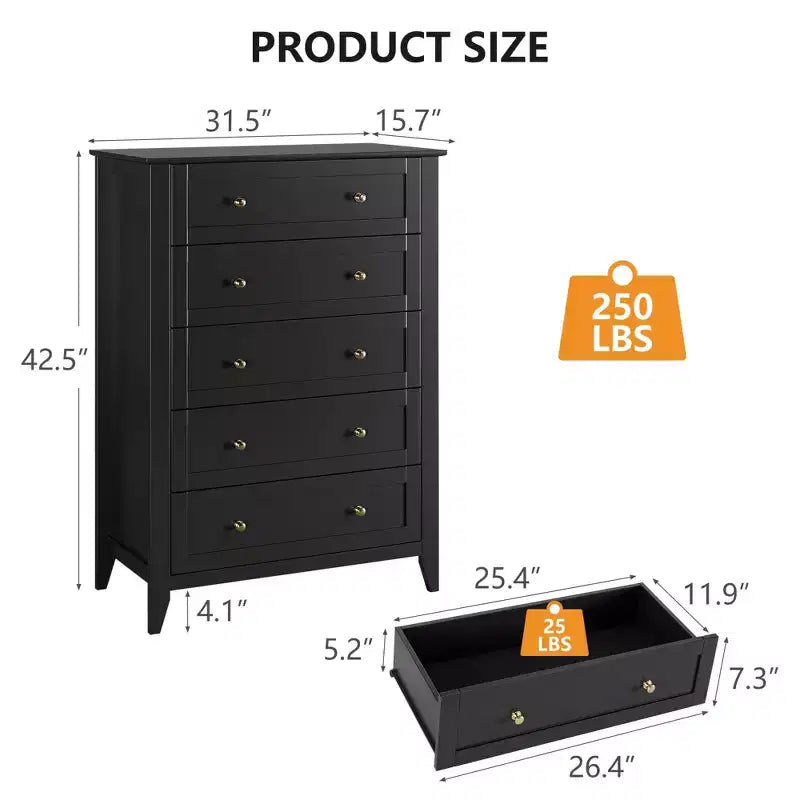 Commode haute à 5 tiroirs avec poignées rondes en nickel et kit anti-basculement – Bois blanc