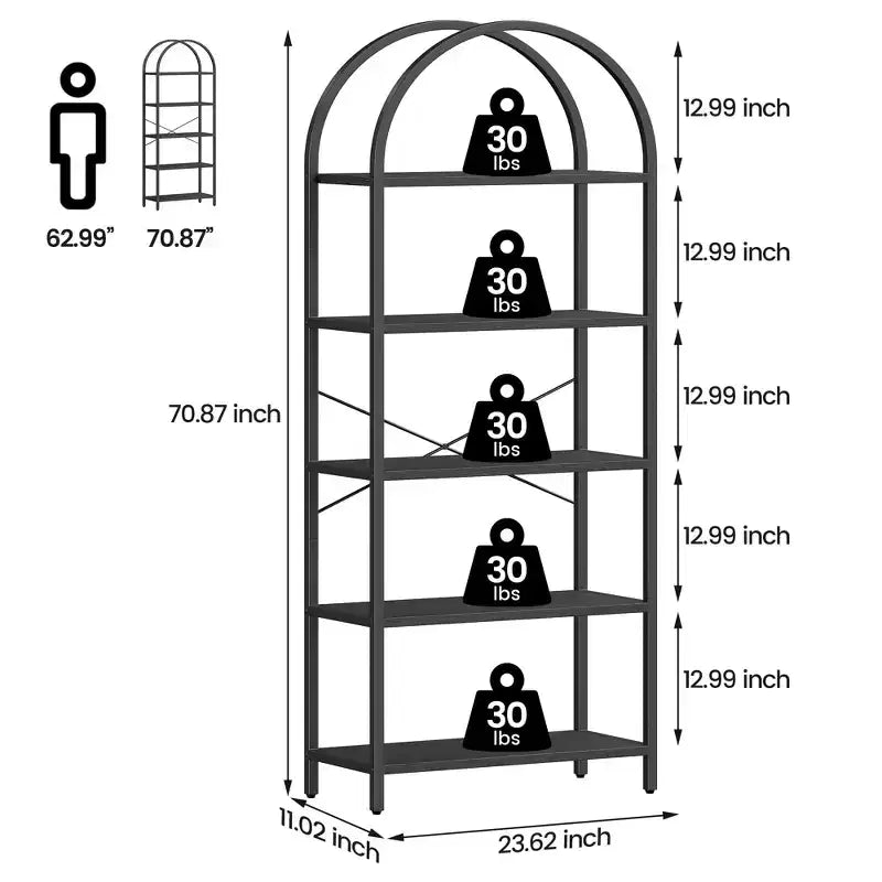 Bibliothèque 5 niveaux en forme d'arche – Étagère étroite et moderne avec cadre en métal doré, marbre blanc