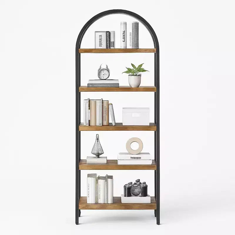 Bibliothèque 5 niveaux en forme d'arche – Étagère étroite et moderne avec cadre en métal doré, marbre blanc
