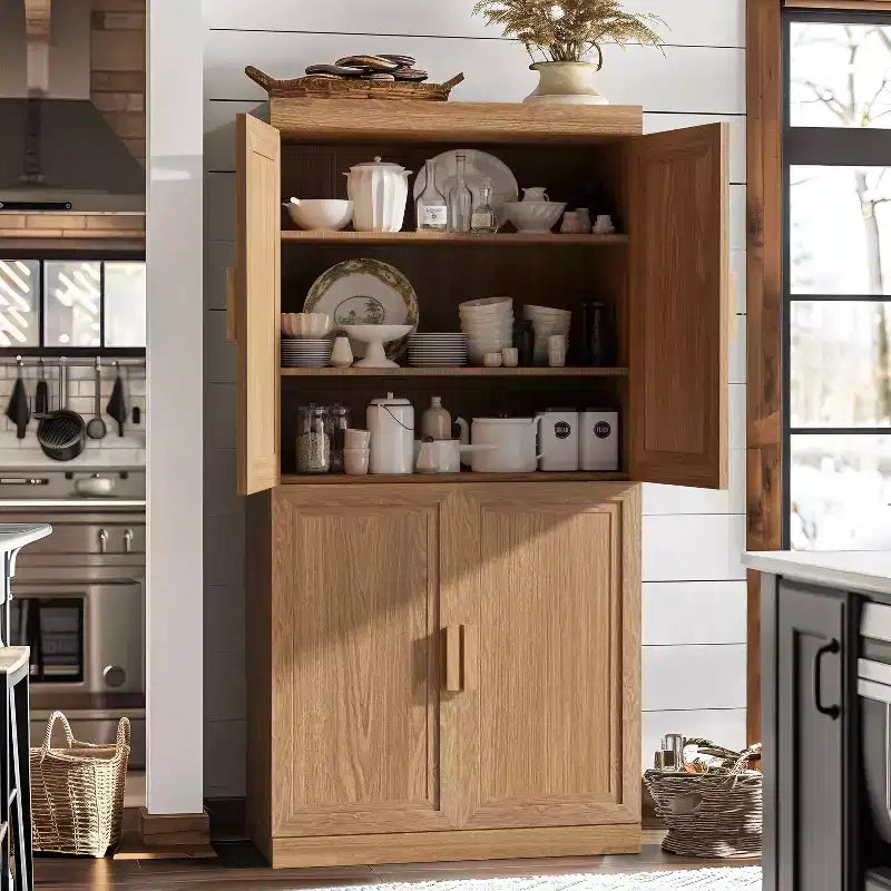 Meuble de Rangement pour Cuisine en Bois Autonome – 6 Étagères, 4 Portes, Organisateur de Rangement de Cuisine