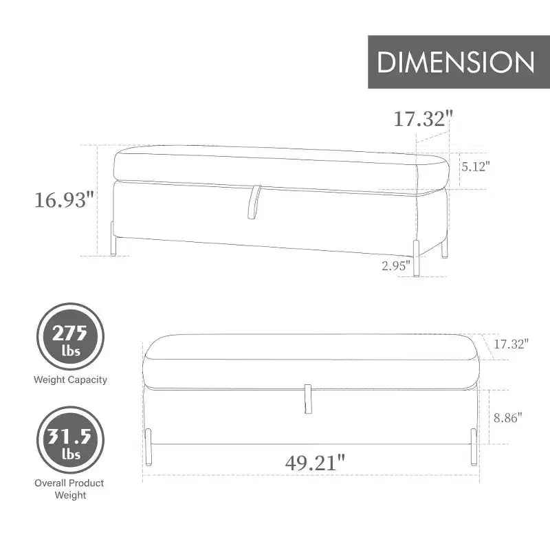 Banc ottoman de rangement en velours de 125 cm avec pieds en métal – Pour le pied de lit ou l'entrée