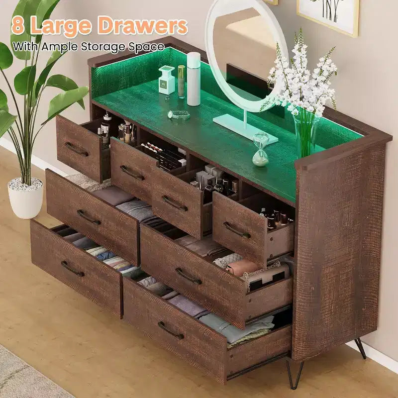 Commode large à 8 tiroirs avec étagère supérieure ouverte – Rangement moderne pour chambre et entrée