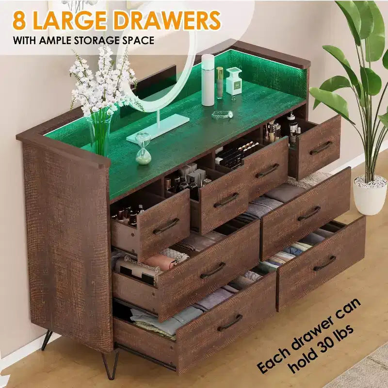 Commode large à 8 tiroirs avec étagère supérieure ouverte – Rangement moderne pour chambre et entrée