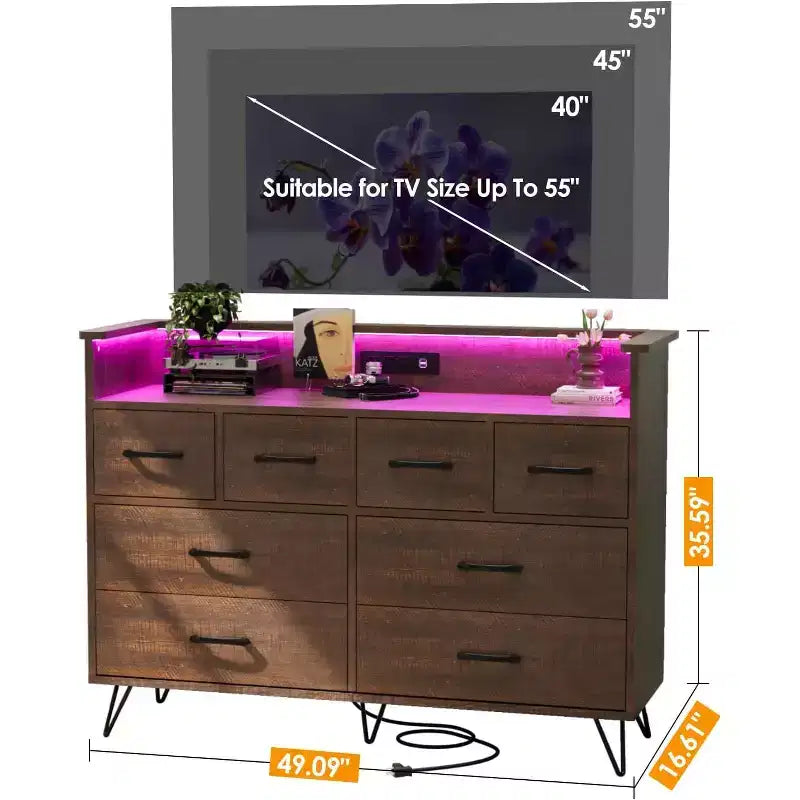 Commode large à 8 tiroirs avec étagère supérieure ouverte – Rangement moderne pour chambre et entrée