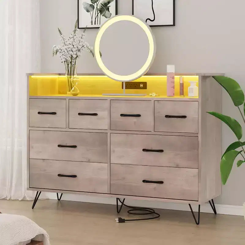 Commode large à 8 tiroirs avec étagère supérieure ouverte – Rangement moderne pour chambre et entrée