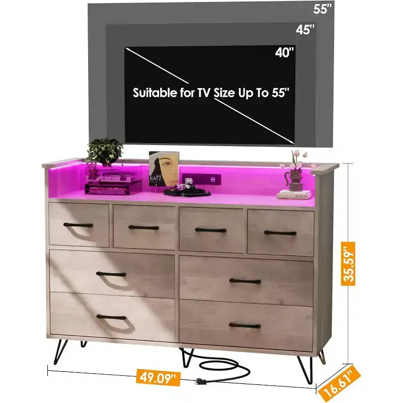 Commode large à 8 tiroirs avec étagère supérieure ouverte – Rangement moderne pour chambre et entrée