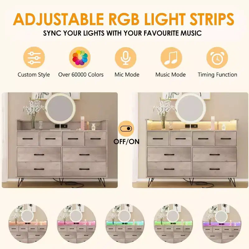 Commode large à 8 tiroirs avec étagère supérieure ouverte – Rangement moderne pour chambre et entrée