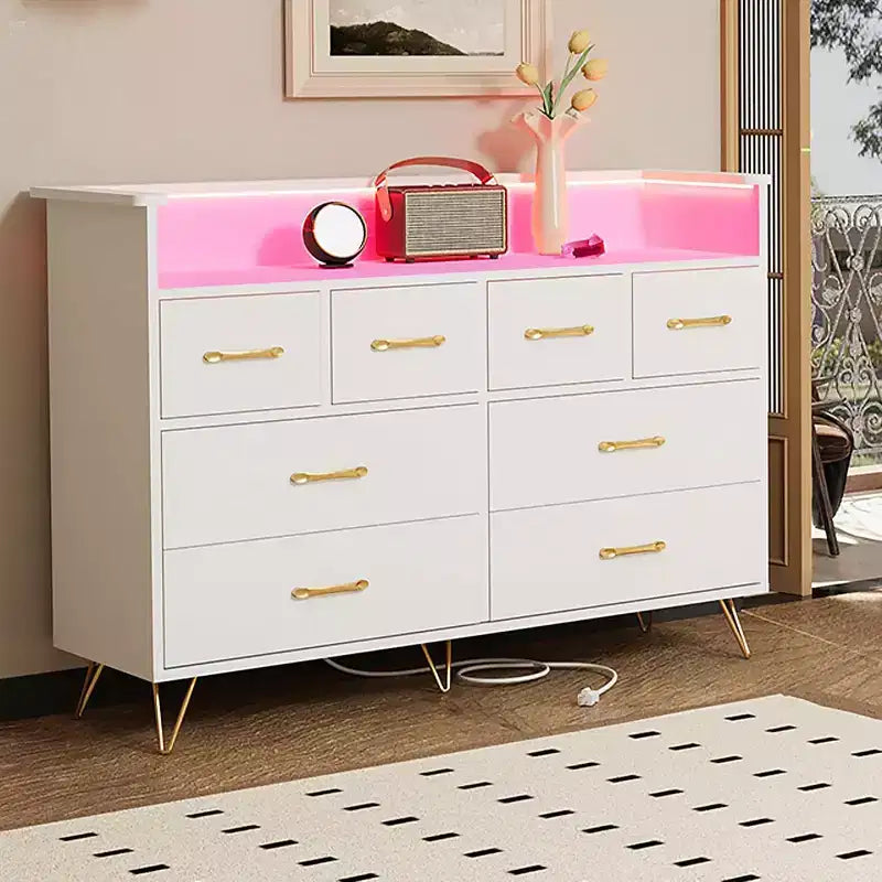 Commode large à 8 tiroirs avec étagère supérieure ouverte – Rangement moderne pour chambre et entrée