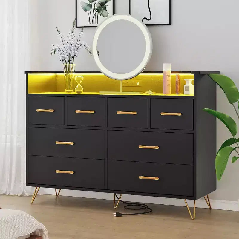 Commode large à 8 tiroirs avec étagère supérieure ouverte – Rangement moderne pour chambre et entrée