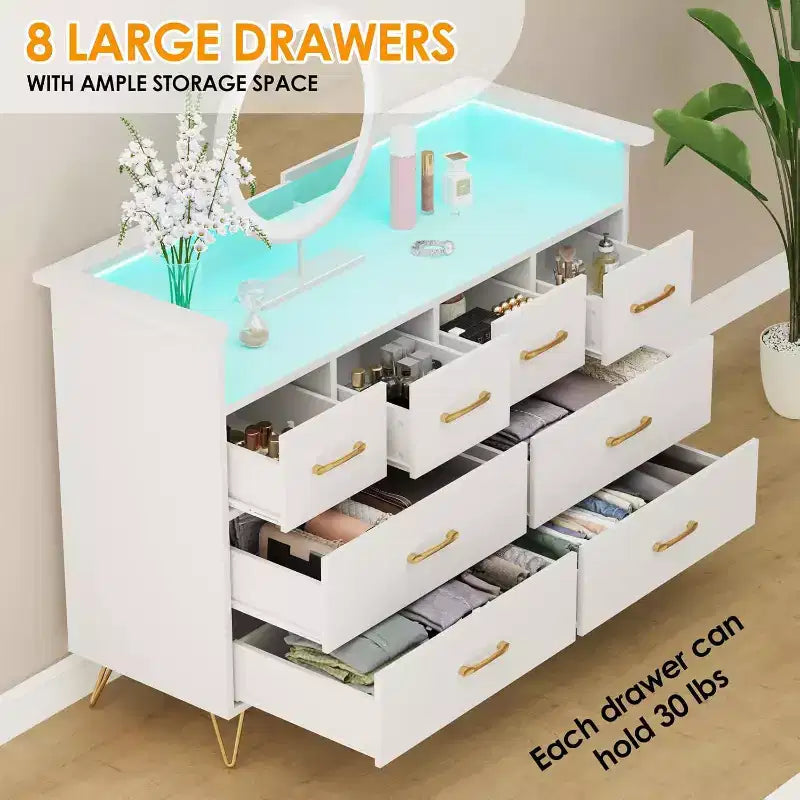 Commode large à 8 tiroirs avec étagère supérieure ouverte – Rangement moderne pour chambre et entrée