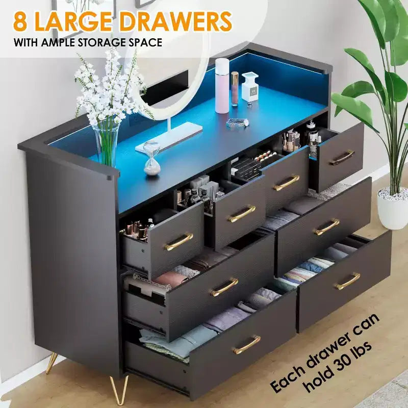 Commode large à 8 tiroirs avec étagère supérieure ouverte – Rangement moderne pour chambre et entrée