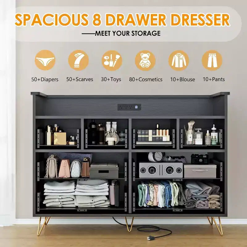 Commode large à 8 tiroirs avec étagère supérieure ouverte – Rangement moderne pour chambre et entrée