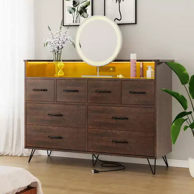 Commode large à 8 tiroirs avec étagère supérieure ouverte – Rangement moderne pour chambre et entrée