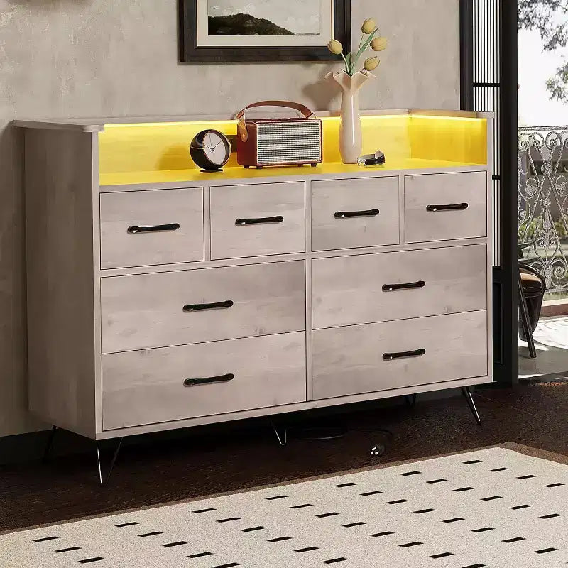 Commode large à 8 tiroirs avec étagère supérieure ouverte – Rangement moderne pour chambre et entrée