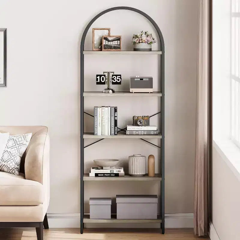 Étagère arquée à 5 niveaux – Meuble de rangement et de présentation moderne en bois et métal pour chambre et salon