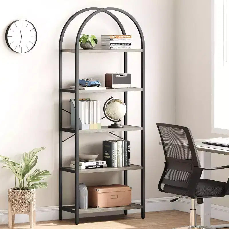 Étagère arquée à 5 niveaux – Meuble de rangement et de présentation moderne en bois et métal pour chambre et salon