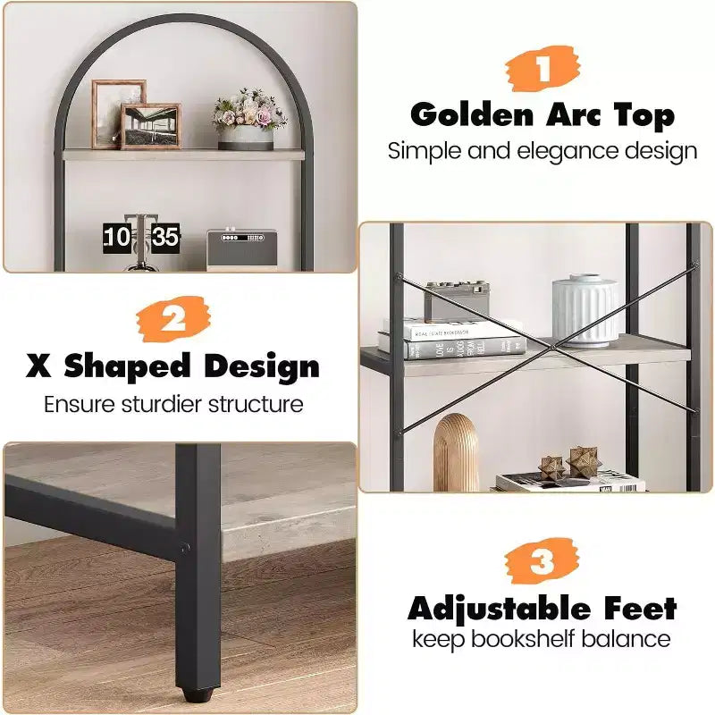 Étagère arquée à 5 niveaux – Meuble de rangement et de présentation moderne en bois et métal pour chambre et salon