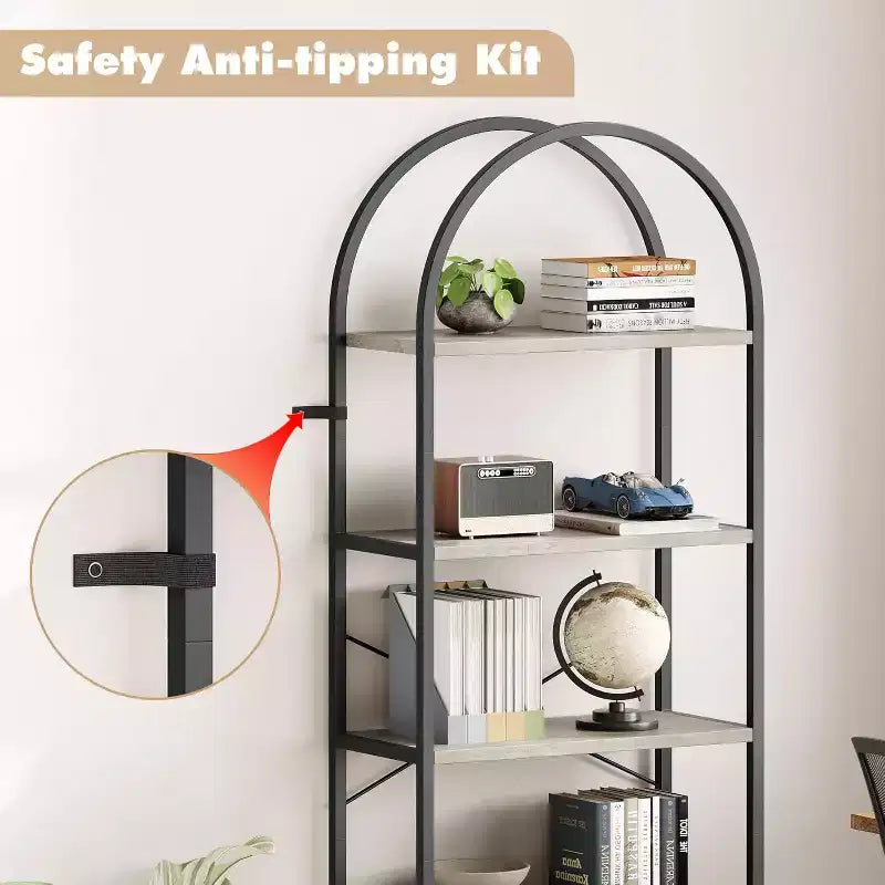 Étagère arquée à 5 niveaux – Meuble de rangement et de présentation moderne en bois et métal pour chambre et salon