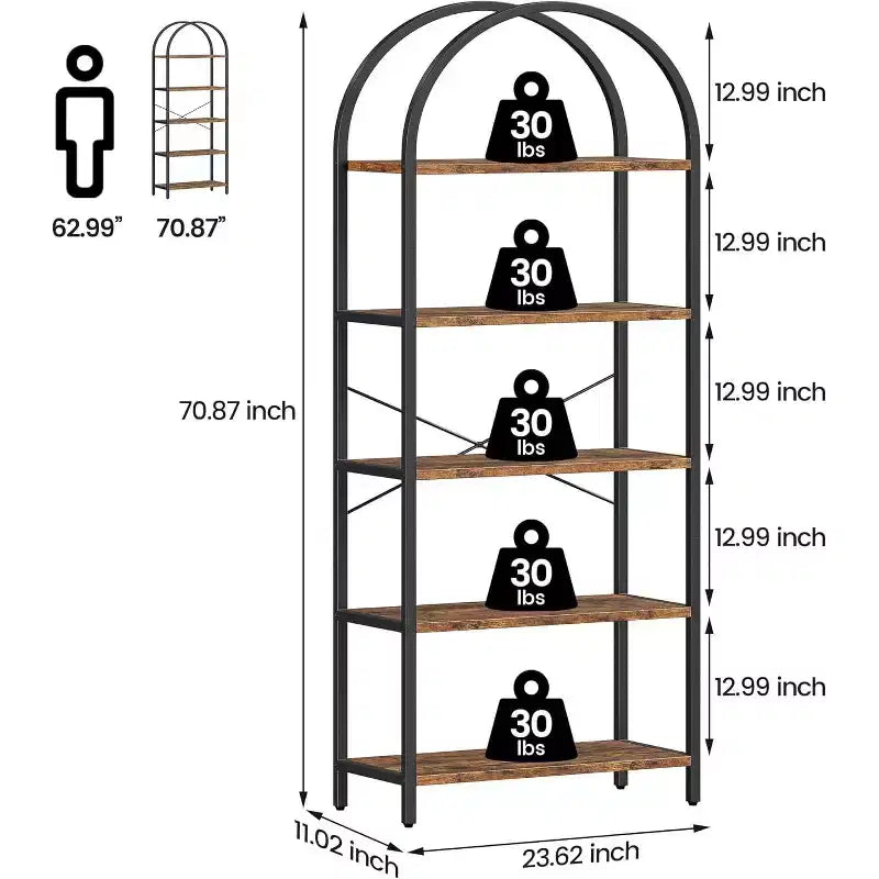 Étagère arquée à 5 niveaux – Meuble de rangement et de présentation moderne en bois et métal pour chambre et salon