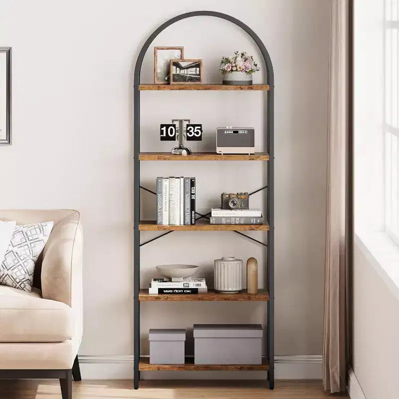 Étagère arquée à 5 niveaux – Meuble de rangement et de présentation moderne en bois et métal pour chambre et salon