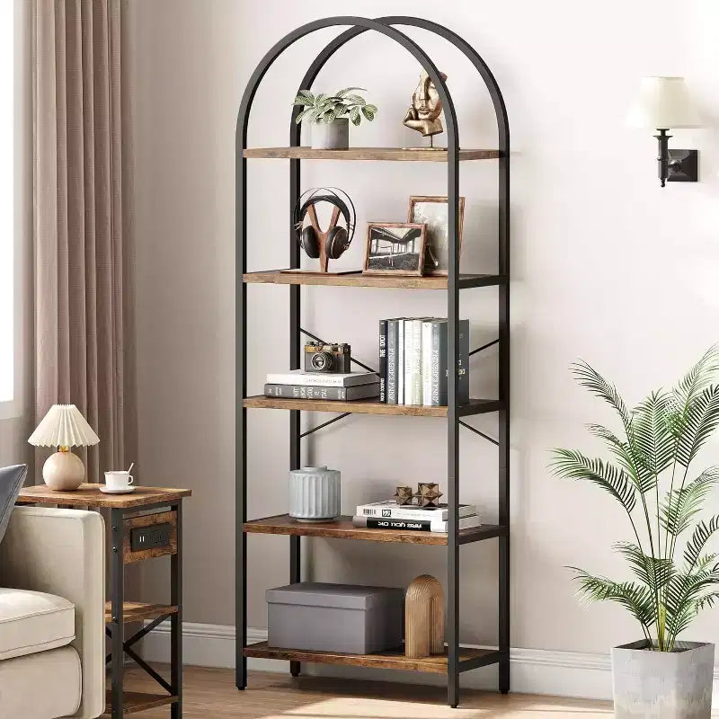 Étagère arquée à 5 niveaux – Meuble de rangement et de présentation moderne en bois et métal pour chambre et salon