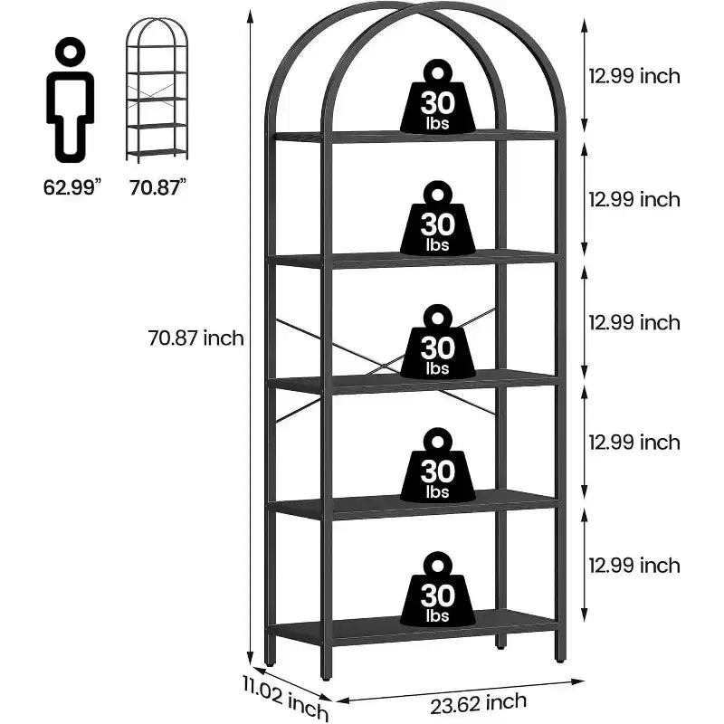 Étagère arquée à 5 niveaux – Meuble de rangement et de présentation moderne en bois et métal pour chambre et salon