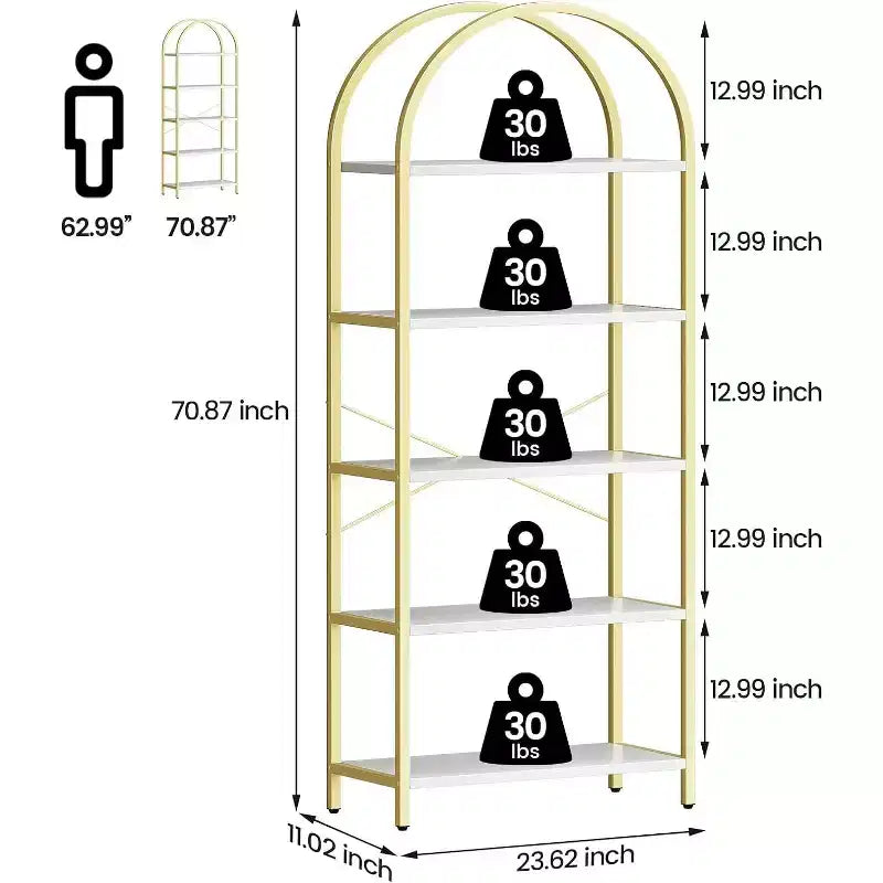 Étagère arquée à 5 niveaux – Meuble de rangement et de présentation moderne en bois et métal pour chambre et salon