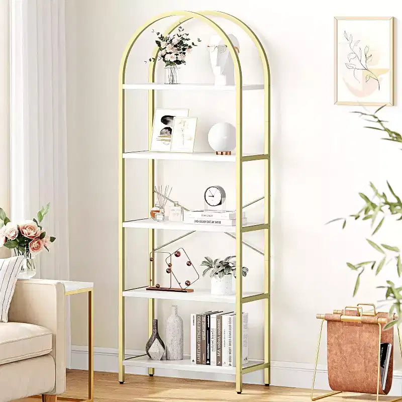Étagère arquée à 5 niveaux – Meuble de rangement et de présentation moderne en bois et métal pour chambre et salon