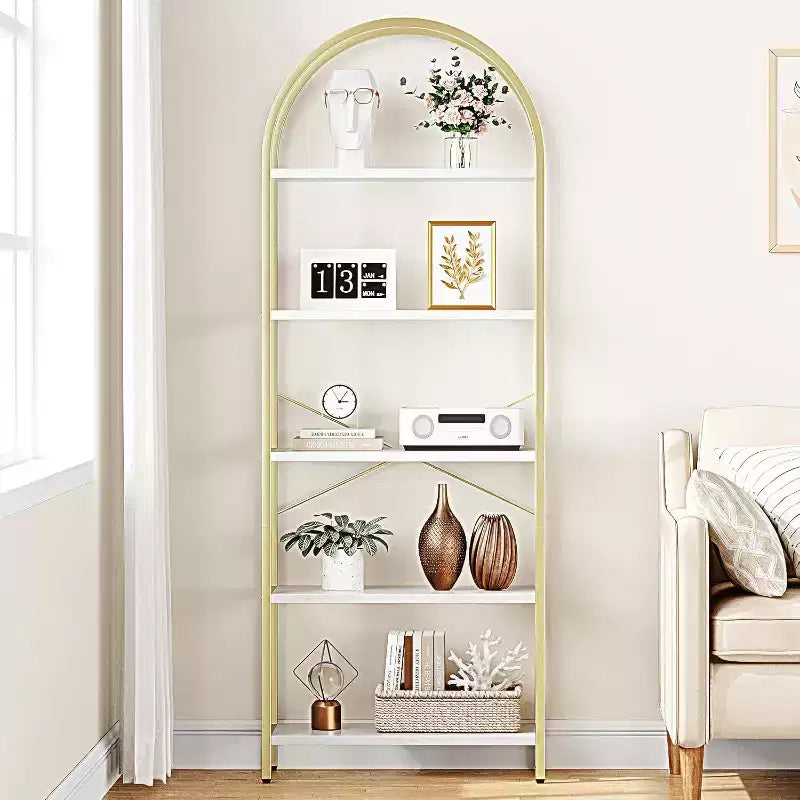 Étagère arquée à 5 niveaux – Meuble de rangement et de présentation moderne en bois et métal pour chambre et salon