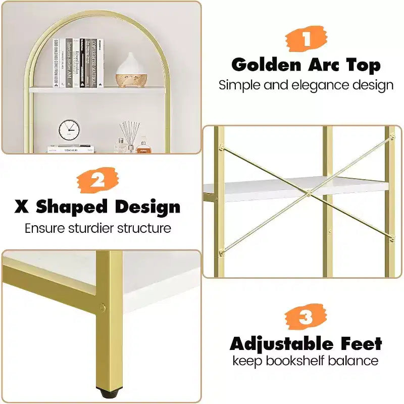 Étagère arquée à 5 niveaux – Meuble de rangement et de présentation moderne en bois et métal pour chambre et salon
