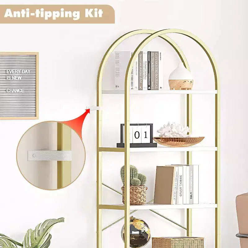 Étagère arquée à 5 niveaux – Meuble de rangement et de présentation moderne en bois et métal pour chambre et salon