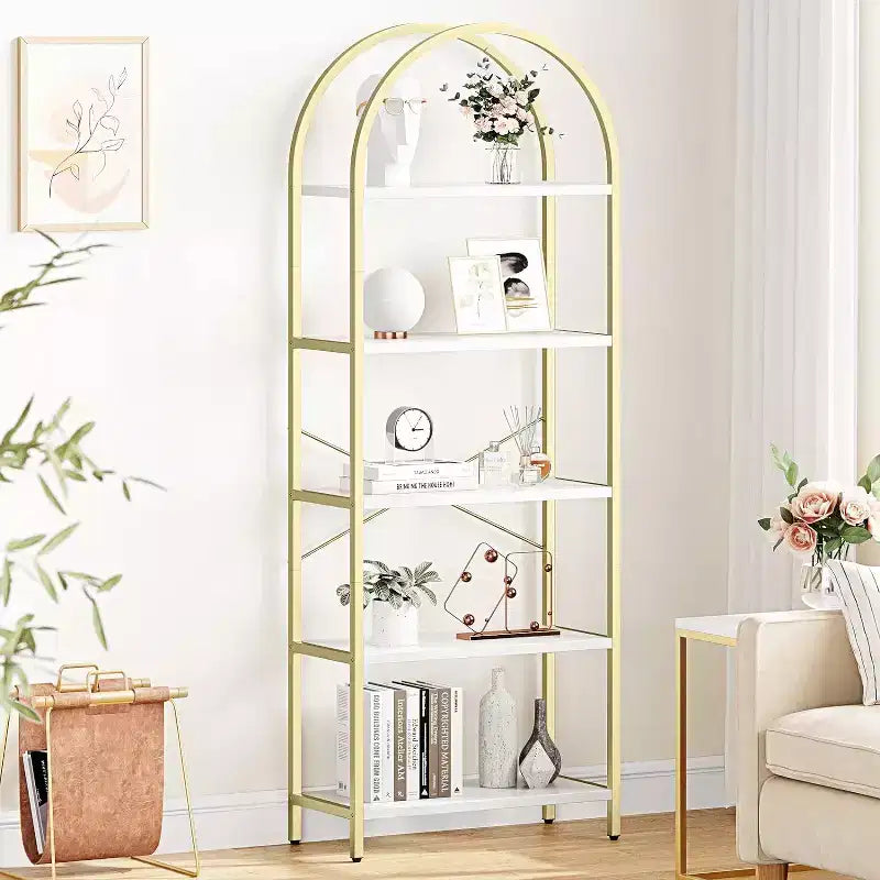 Étagère arquée à 5 niveaux – Meuble de rangement et de présentation moderne en bois et métal pour chambre et salon