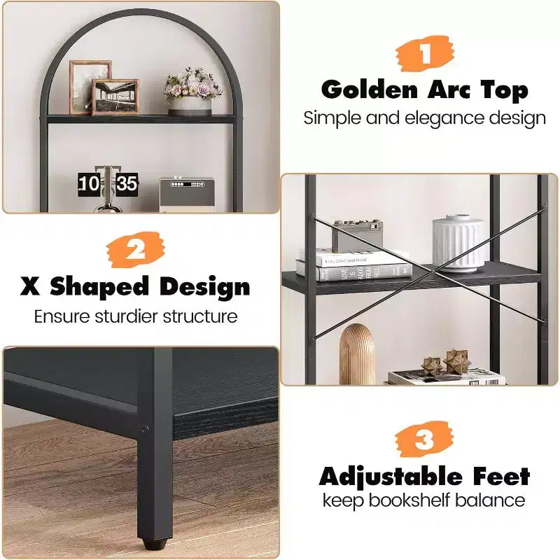 Étagère arquée à 5 niveaux – Meuble de rangement et de présentation moderne en bois et métal pour chambre et salon