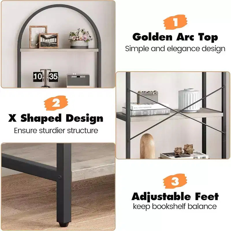 Étagère arquée à 5 niveaux – Meuble de rangement et de présentation moderne en bois et métal pour chambre et salon