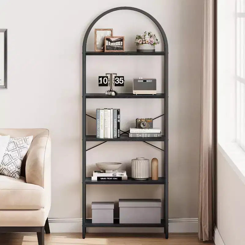 Étagère arquée à 5 niveaux – Meuble de rangement et de présentation moderne en bois et métal pour chambre et salon