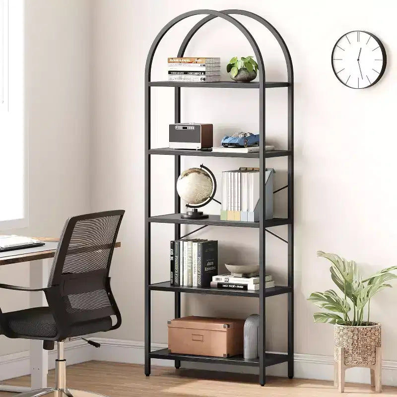 Étagère arquée à 5 niveaux – Meuble de rangement et de présentation moderne en bois et métal pour chambre et salon