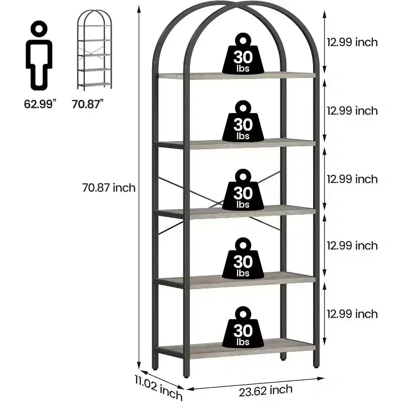 Étagère arquée à 5 niveaux – Meuble de rangement et de présentation moderne en bois et métal pour chambre et salon