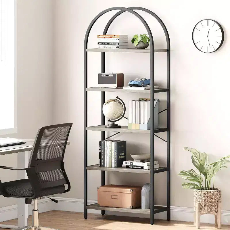 Étagère arquée à 5 niveaux – Meuble de rangement et de présentation moderne en bois et métal pour chambre et salon