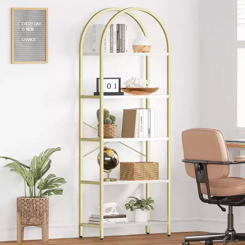 Étagère arquée à 5 niveaux – Meuble de rangement et de présentation moderne en bois et métal pour chambre et salon