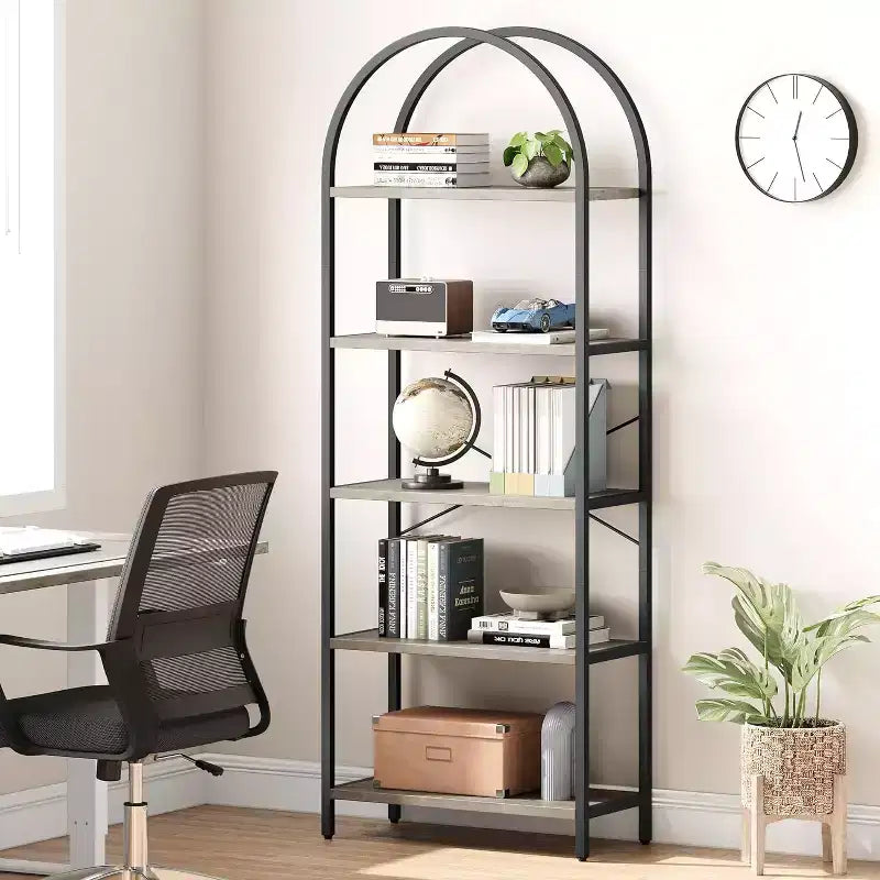 Étagère arquée à 5 niveaux – Meuble de rangement et de présentation moderne en bois et métal pour chambre et salon