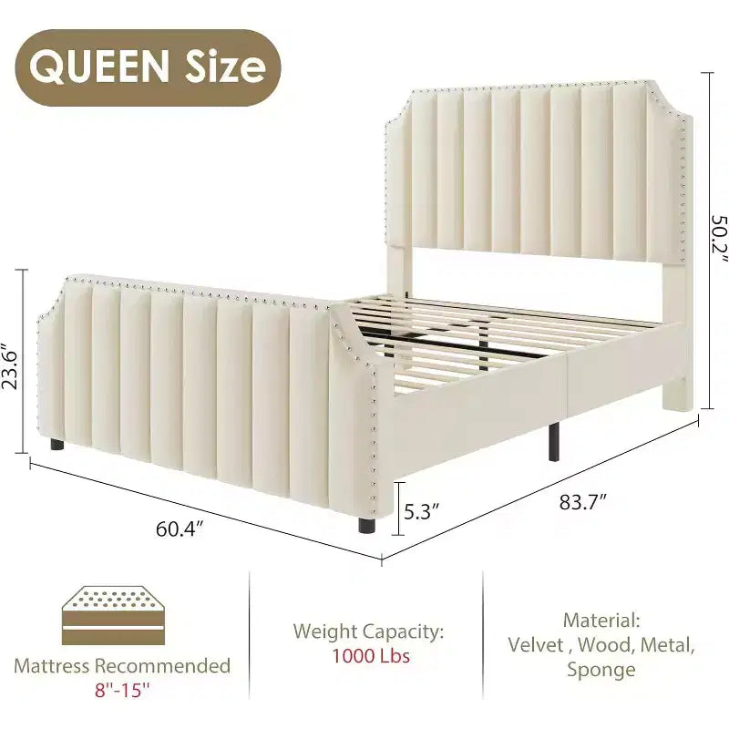 Lit plateforme Queen Velvet – Tête et pied de lit touffetés de 50,2 po, garniture cloutée, sans sommier
