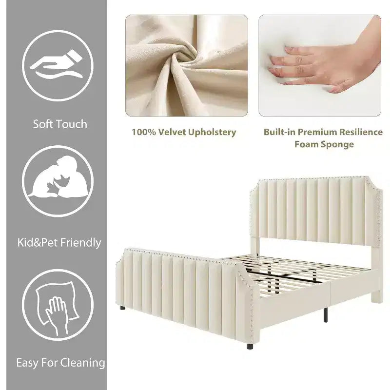 Lit plateforme Queen Velvet – Tête et pied de lit touffetés de 50,2 po, garniture cloutée, sans sommier