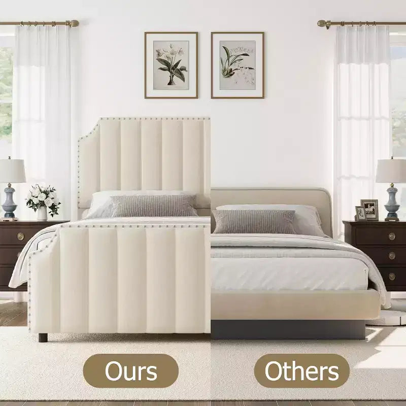 Lit plateforme Queen Velvet – Tête et pied de lit touffetés de 50,2 po, garniture cloutée, sans sommier